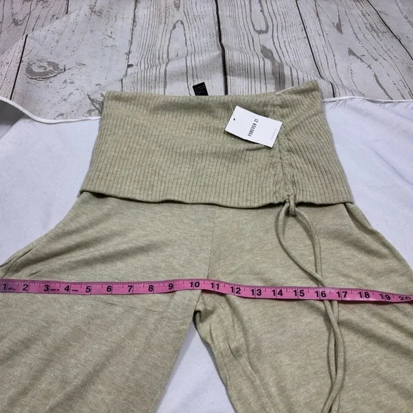 NWOT Forever 21 Avocado Green Tan Wide Leg Ruched Drawstring Fold over Pants - Picture 7 of 10
